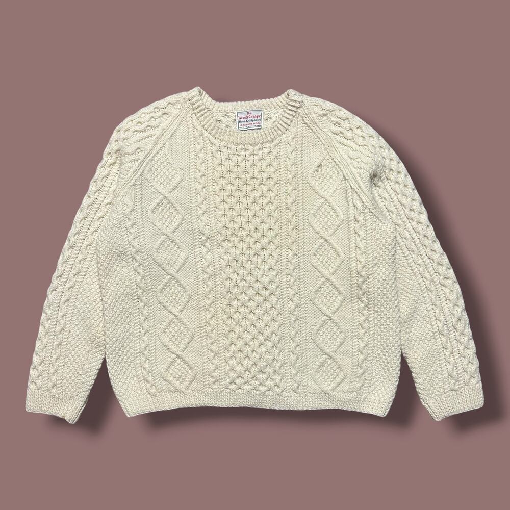 Vintage Chunky Knit Wool Sweater Aran Fisherman Pullover Irish Ireland Cream